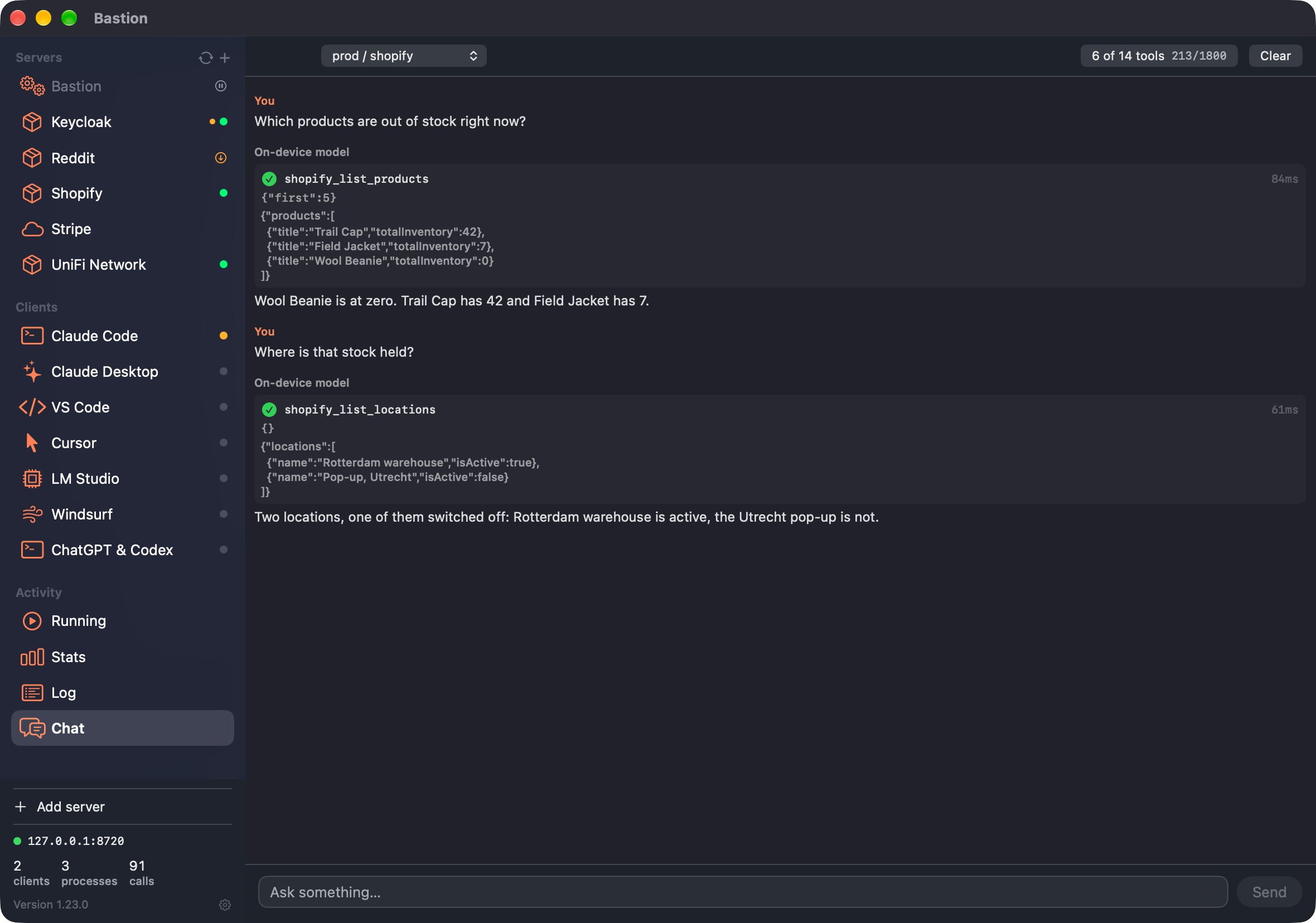 Bastion's Chat pane: two questions answered against prod/shopify, each showing the tool called, its arguments and its JSON result, with six of fourteen tools loaded at 213 of 1800 tokens.