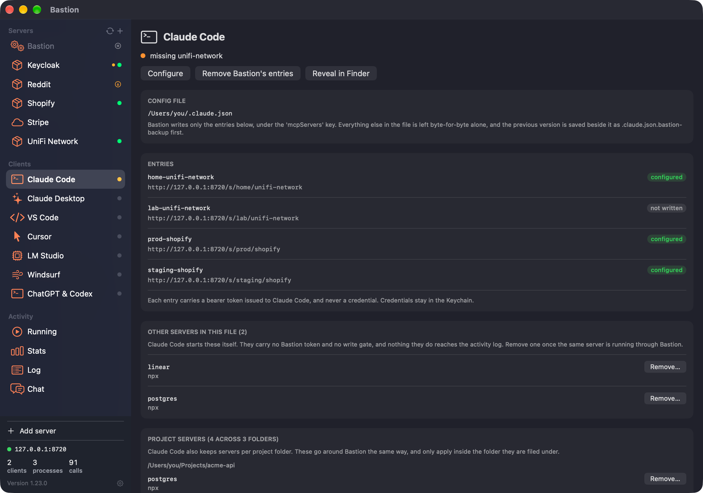 Bastion's Claude Code pane: the path to .claude.json, five entries pointing at 127.0.0.1:8720 with configured and not-written badges, and a card listing two hand-configured servers the file already held.