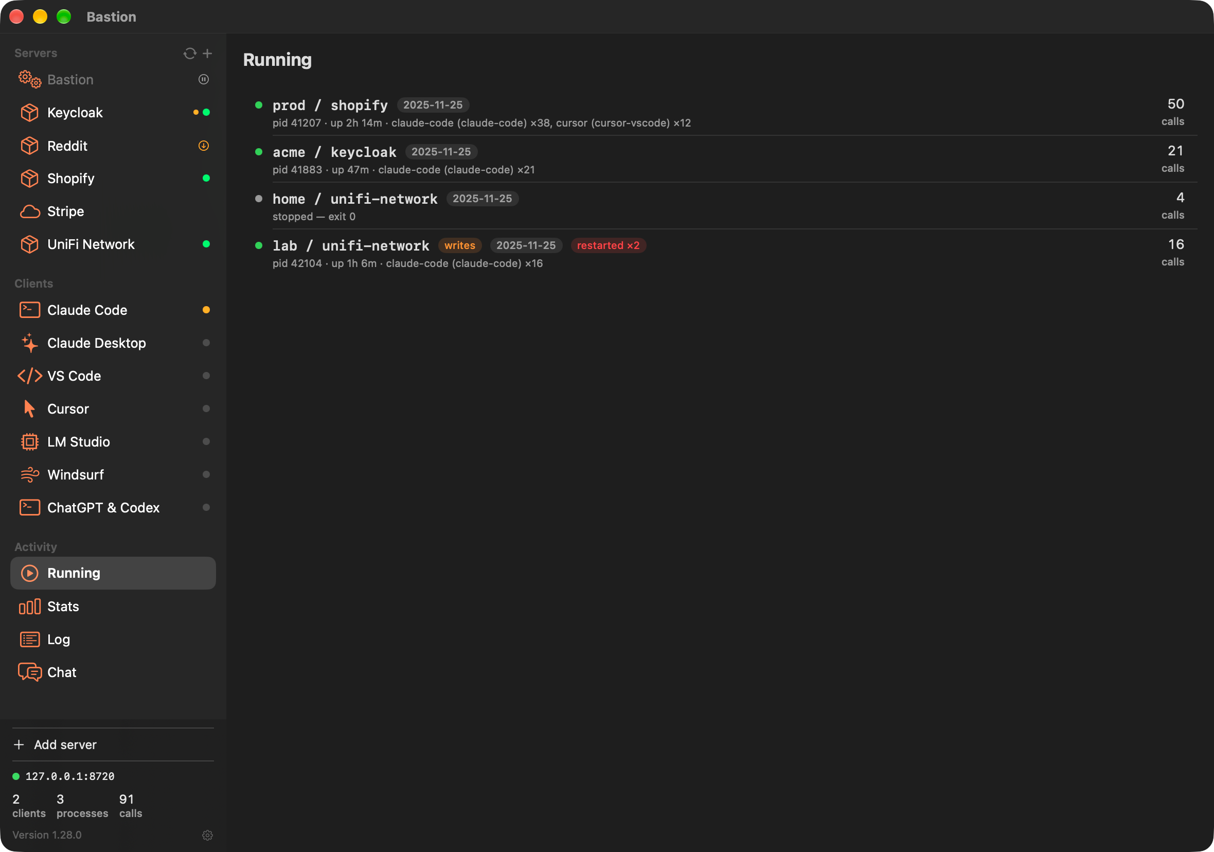 Bastion's Running pane: prod/shopify up two hours with two clients attached, acme/keycloak up 47 minutes, home/unifi-network stopped, and lab/unifi-network with a writes badge and restarted twice.