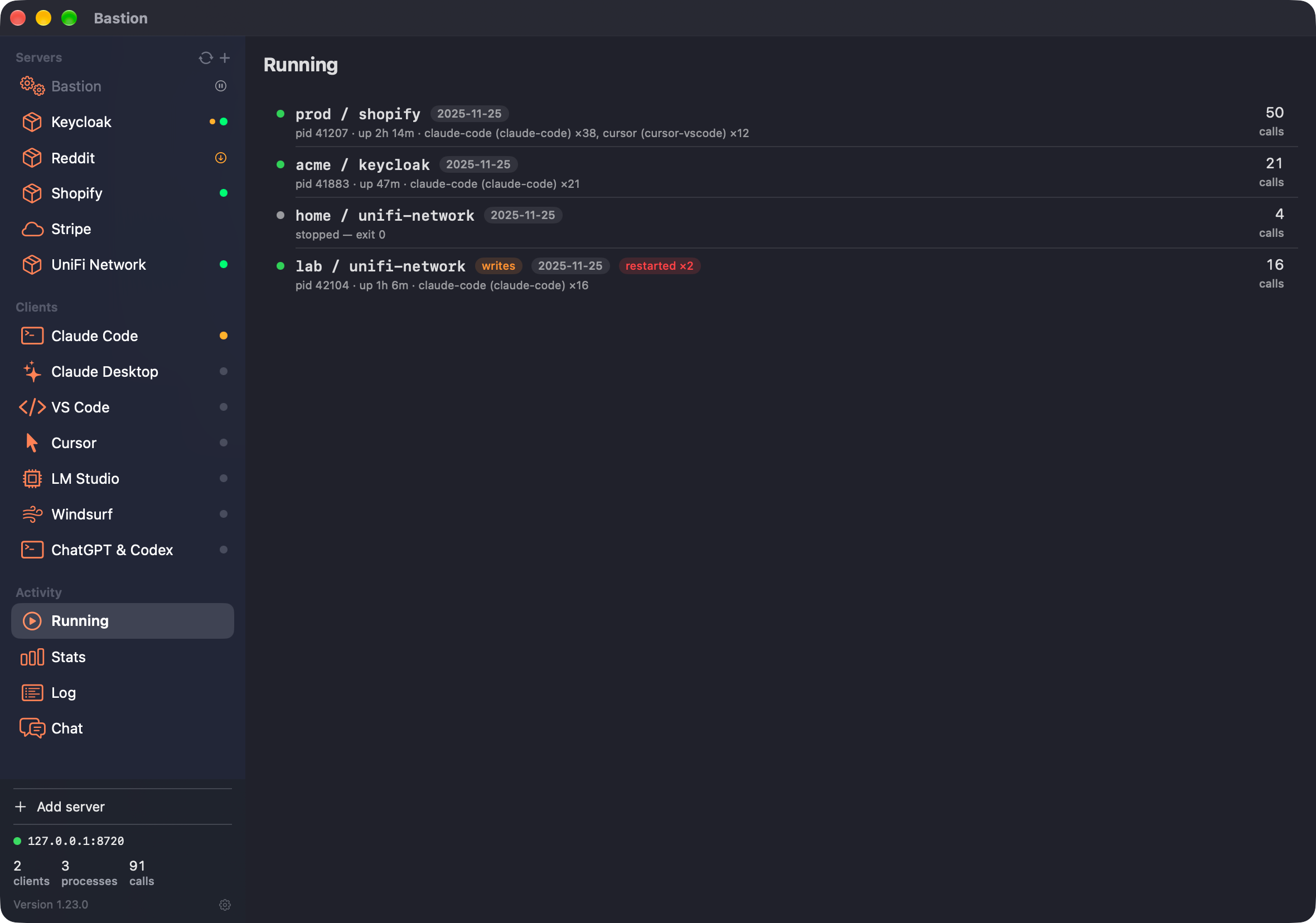 Bastion's Running pane: prod/shopify up two hours with two clients attached, acme/keycloak up 47 minutes, home/unifi-network stopped, and lab/unifi-network with a writes badge and restarted twice.