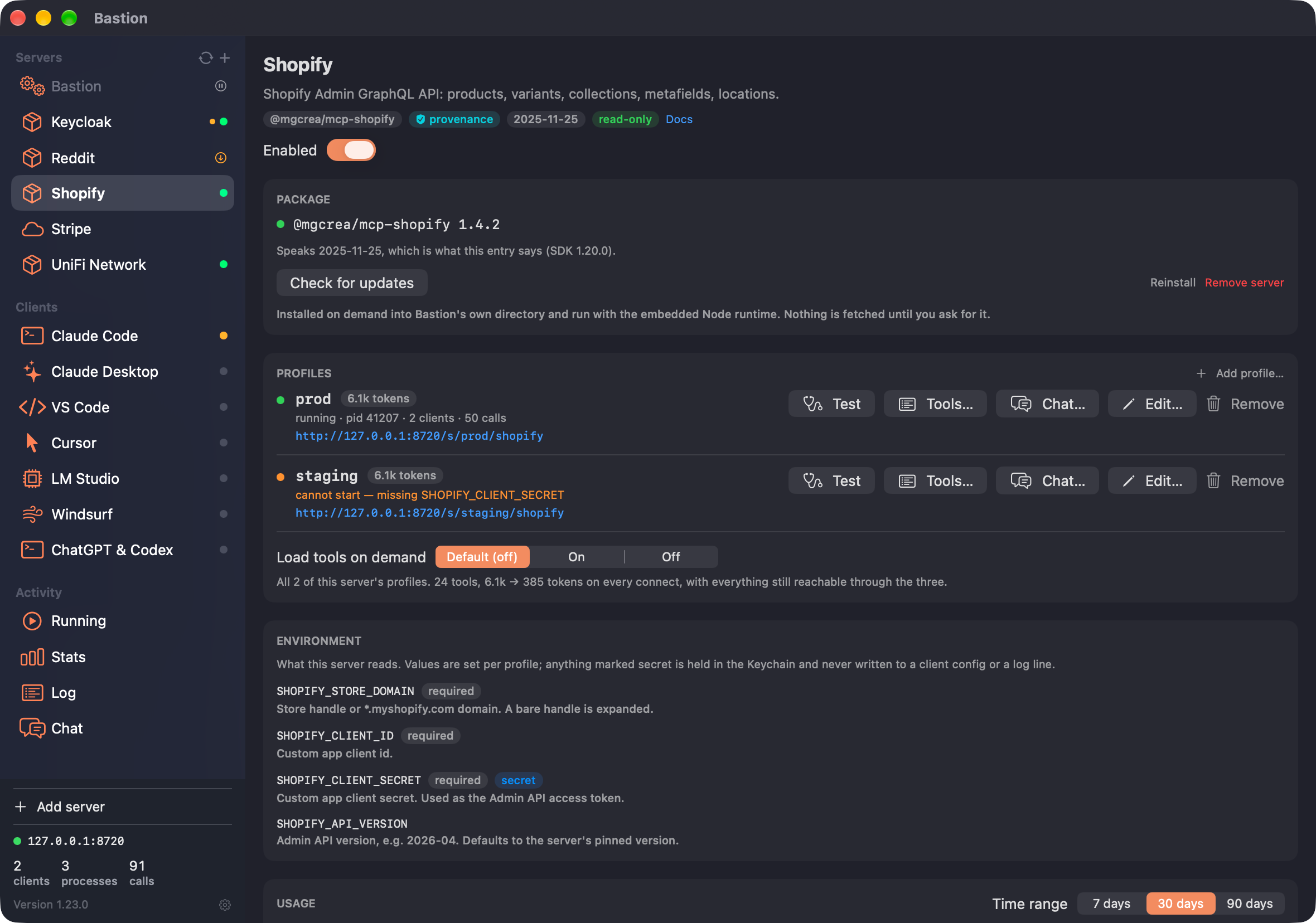 Bastion's Shopify pane: the package name badged read-only and building with provenance, the installed package at 1.4.2, a running prod profile and a staging profile reading “cannot start — missing SHOPIFY_CLIENT_SECRET”, above the server's environment variables with required and secret badges.